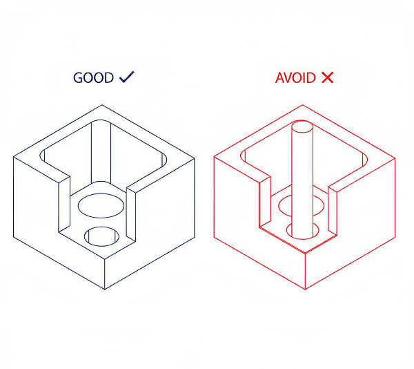 Technical illustration comparing good CNC design with poor design, showing generous internal corner radius, adequate wall thickness and shallow holes against sharp corners, thin walls and deep holes