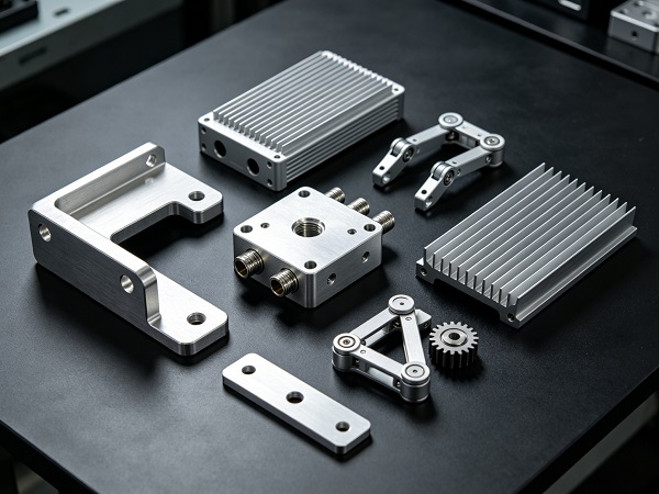 Finished CNC machined 6061 aluminium parts including an L-bracket, finned enclosure, manifold block, heat sink and robotics component on a workbench