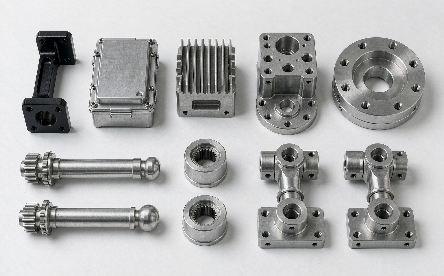 Overhead flat lay of finished CNC machined aluminium parts including brackets, enclosures, heat sinks, manifolds, flanges, shafts, collars and robotics links