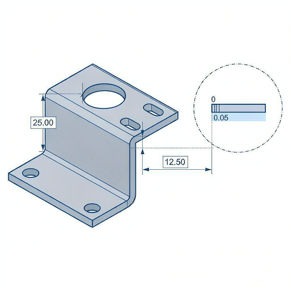 Technical drawing of an aluminium bracket with dimension callouts and a magnified detail showing a tolerance band around a nominal dimension