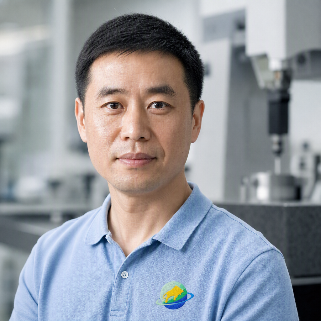 Portrait of Ming Zhou, materials and process engineer at Xiamen Goldcattle, photographed in the metrology area of the machining workshop