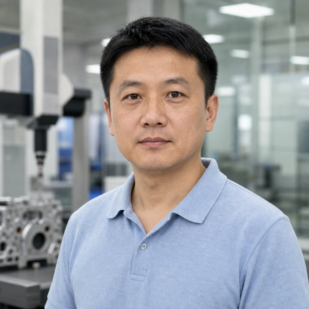 Portrait of Wei Lin, automotive programme engineer at Xiamen Goldcattle, photographed in the metrology area of the machining workshop