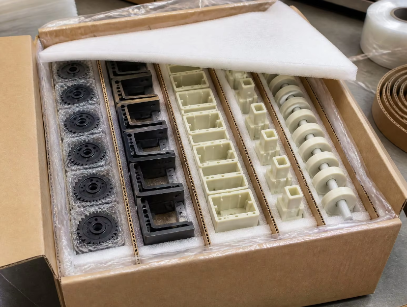 Export cartons of molded plastic parts prepared for shipment