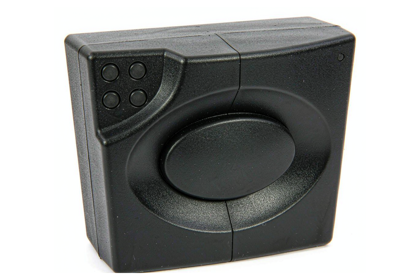 Injection molded ABS electronic enclosure in matte black with visible parting line, on a white background