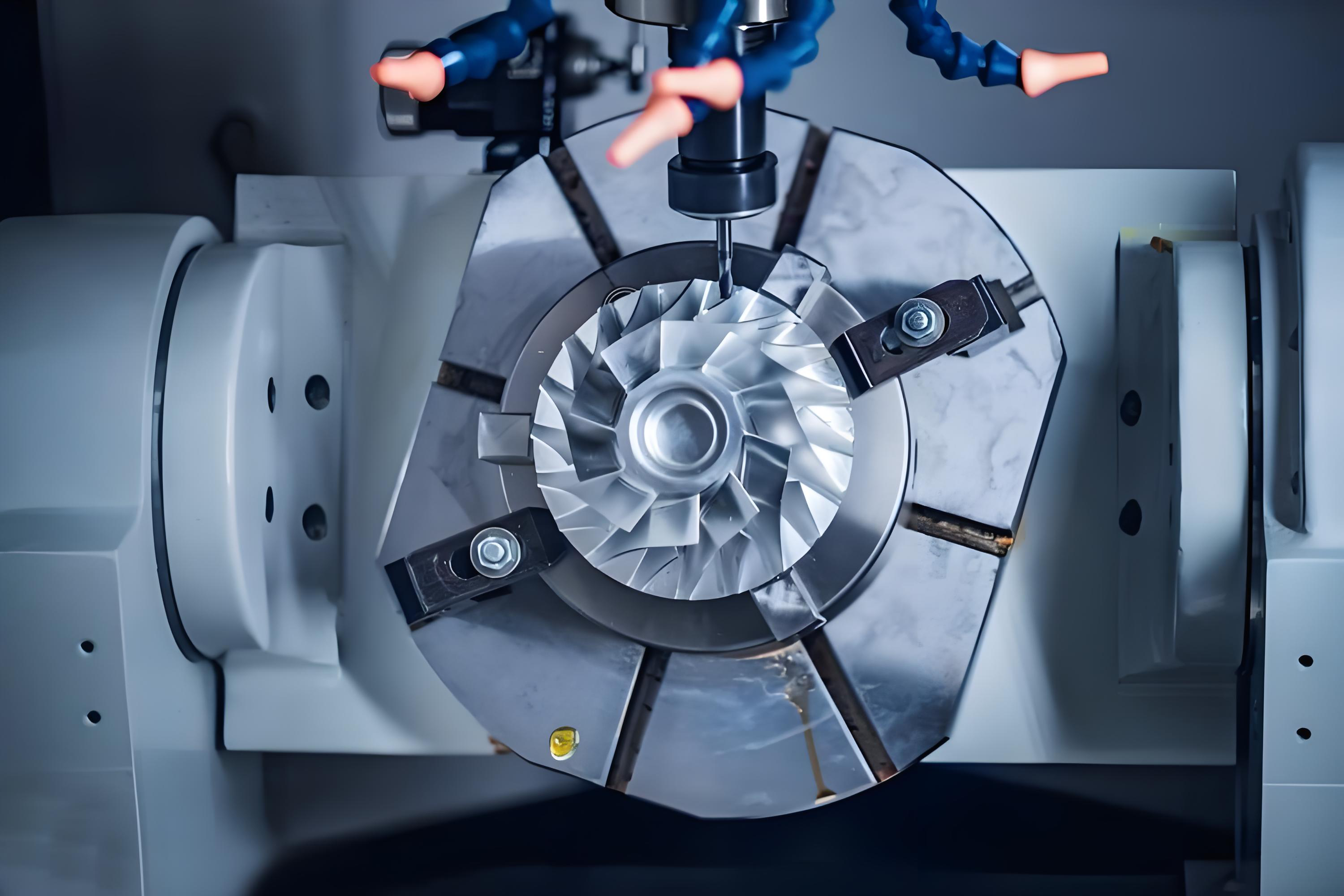 Five-axis CNC machining center with a trunnion table cutting a contoured aircraft component from an aluminum billet