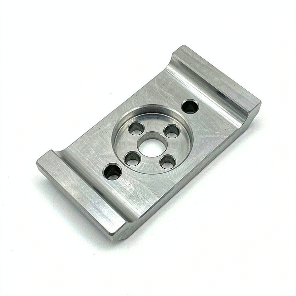 CNC machined aluminum aircraft mounting bracket with lightening pockets and countersunk holes