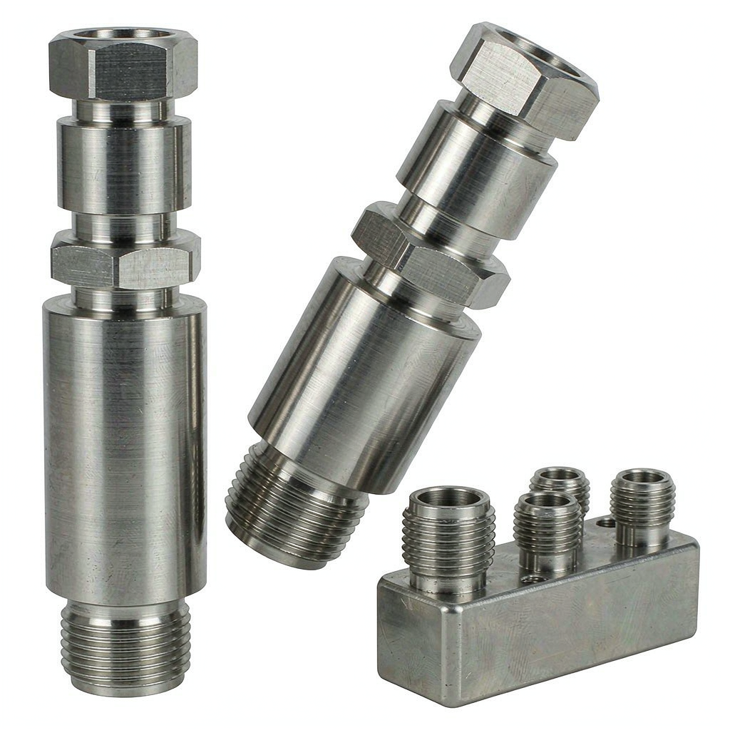 Precision machined stainless steel aircraft hydraulic fittings and a small manifold with threaded ports