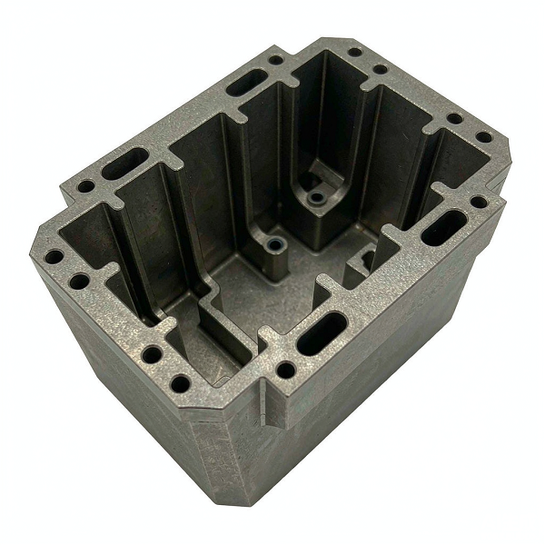 CNC machined aluminum housing enclosure with internal ribs, pockets and bolt-hole flanges