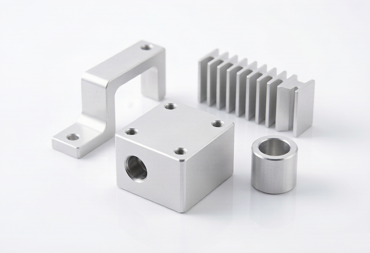 An arrangement of CNC machined aluminum parts including a housing, a bracket, a heatsink and a turned bushing on a white background