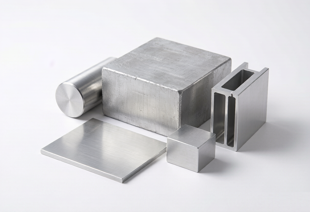 Aluminum stock forms on a white background: a flat plate, a solid billet block, a round bar and an extruded profile