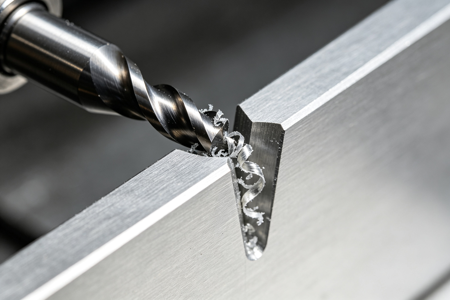 End mill following the vertical wall of an aluminum workpiece, chips curling away