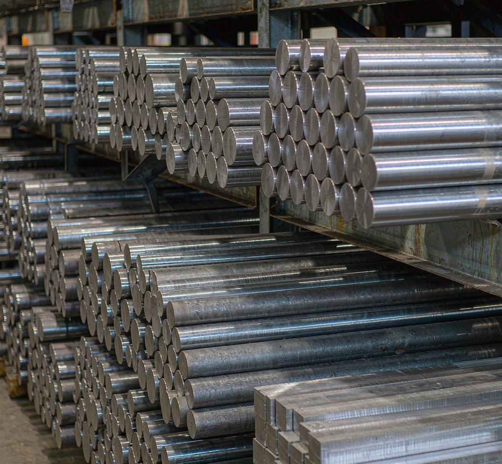 Stacks of round and square alloy steel bar stock and billets of various diameters on a heavy steel rack