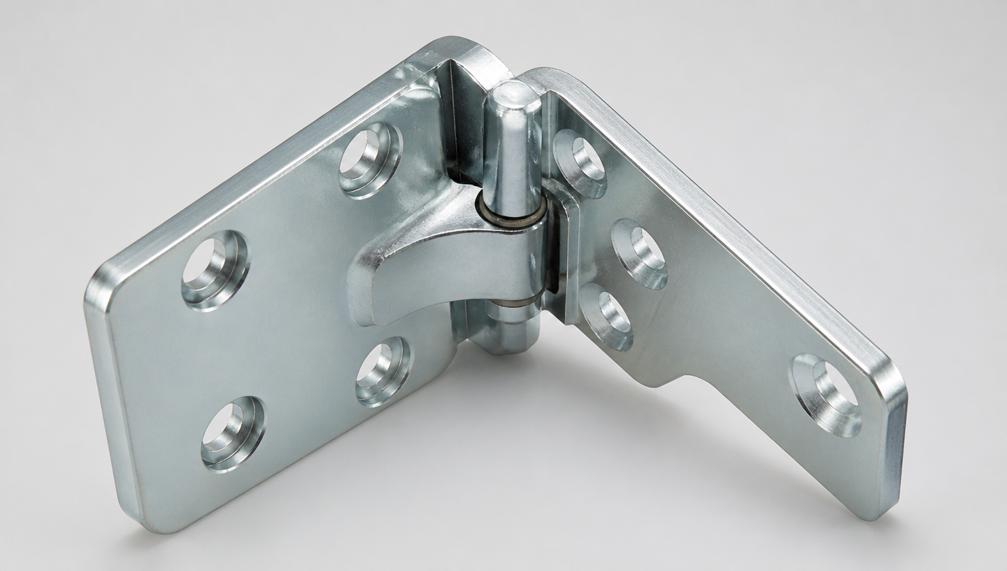 Custom CNC machined automotive door hinge with mounting holes and hinge pin assembly