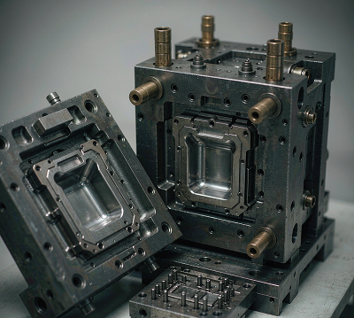 Injection mold opened showing cavity and core