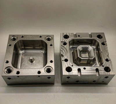 Cavity and core blocks of a planter injection mold