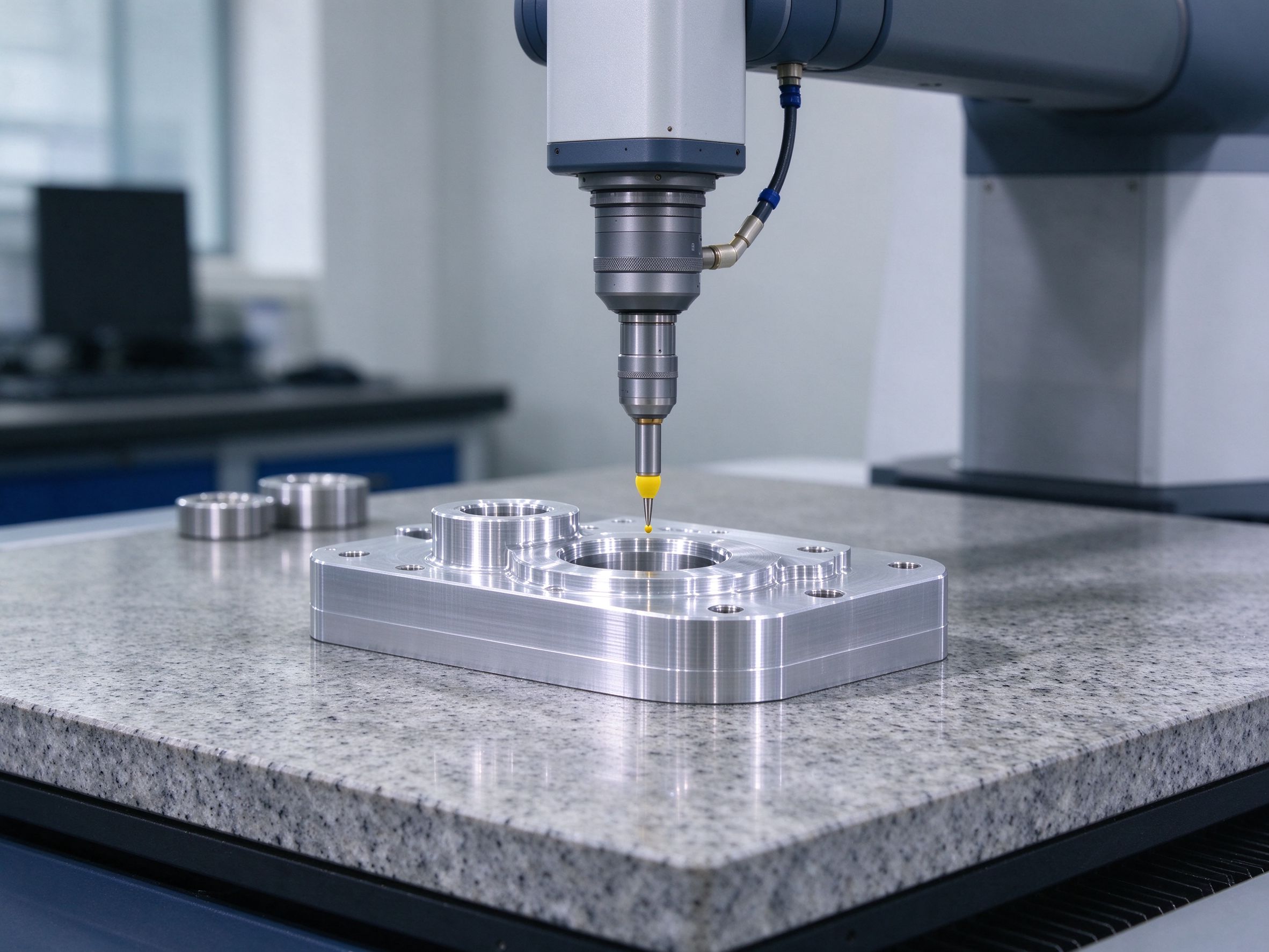 CMM probe inspecting a precision machined metal component