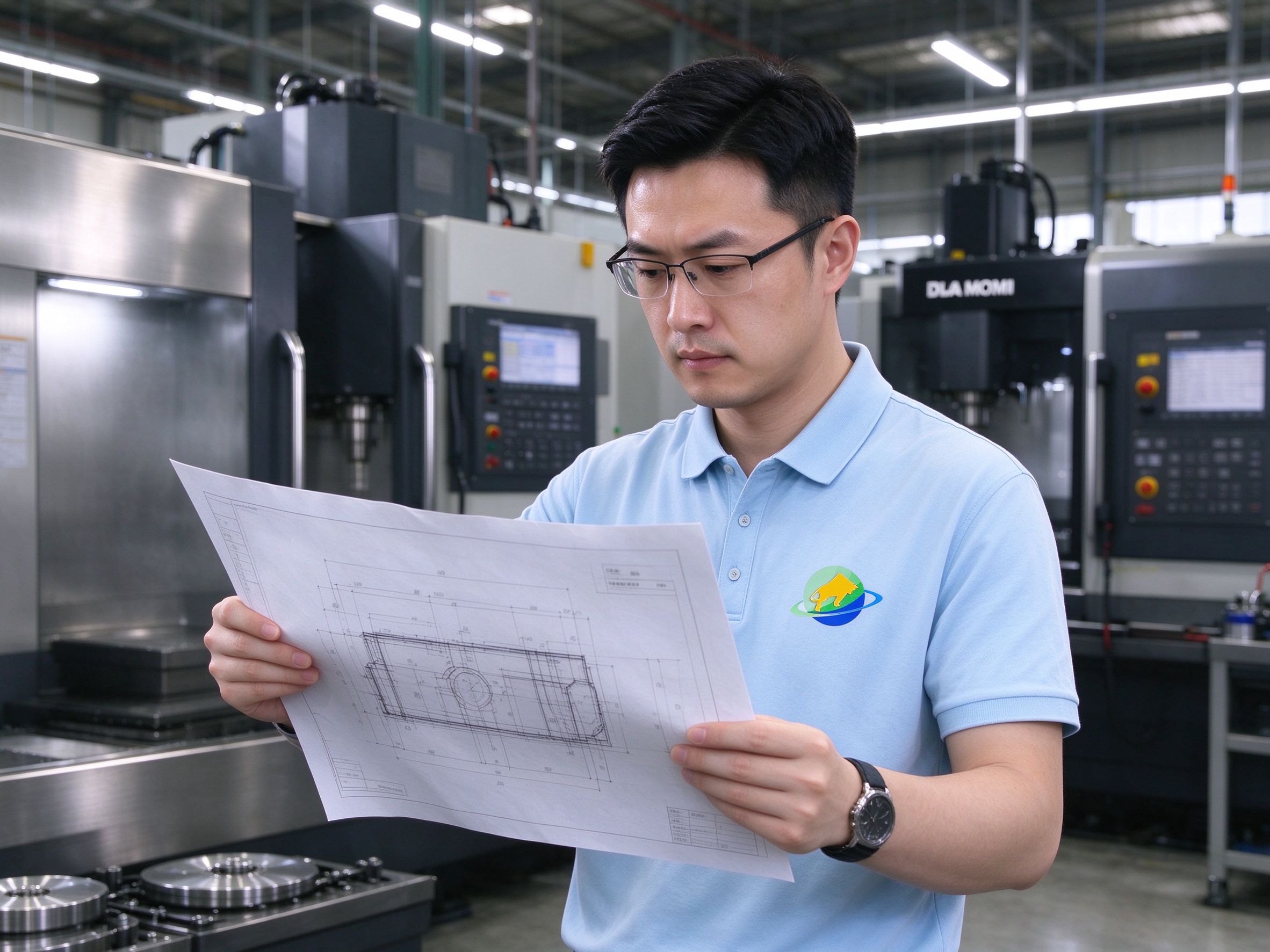 Manufacturing engineer reviewing a 2D engineering drawing in the machine shop