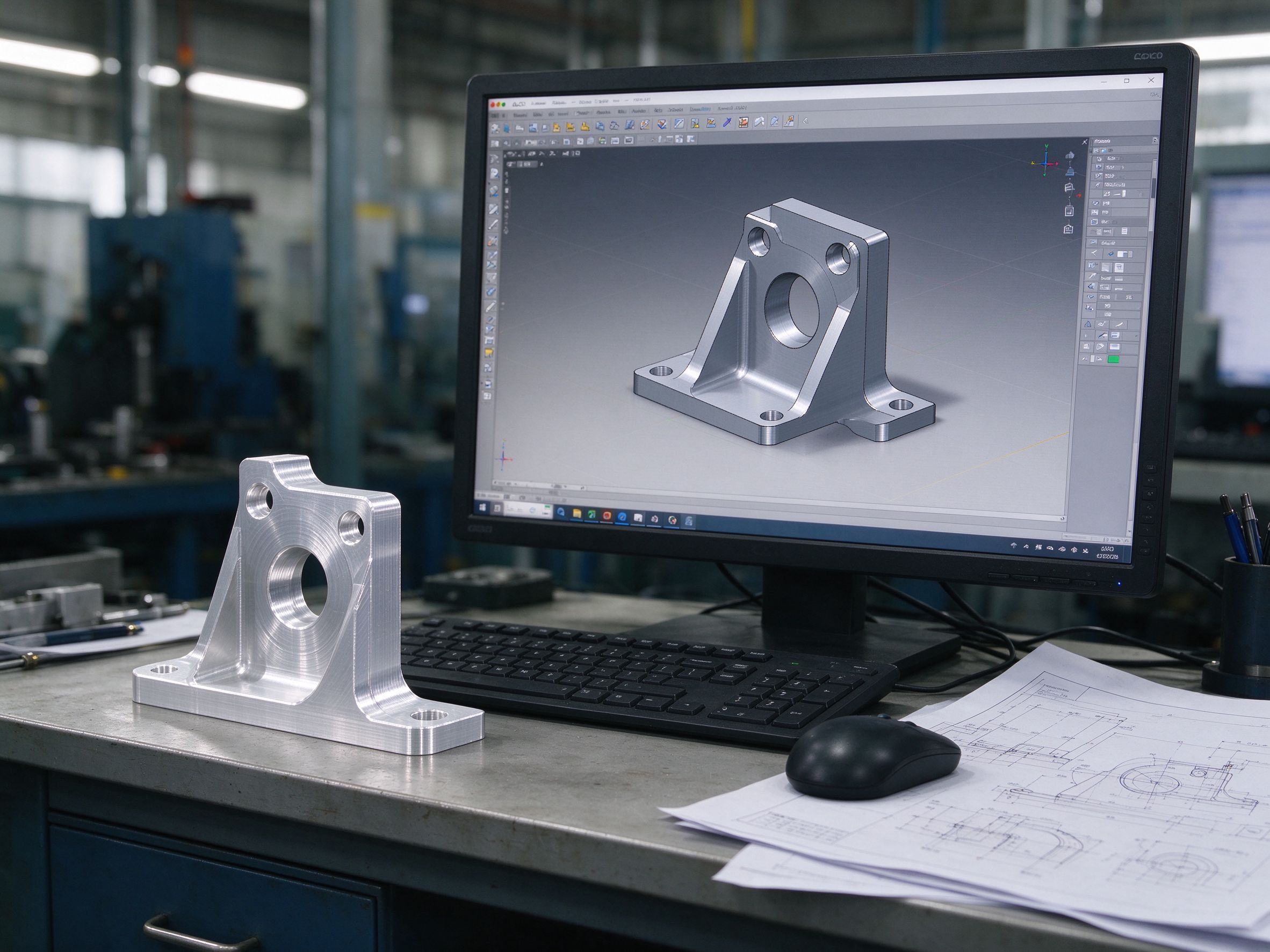 CAD model on monitor next to a finished CNC-machined aluminum bracket