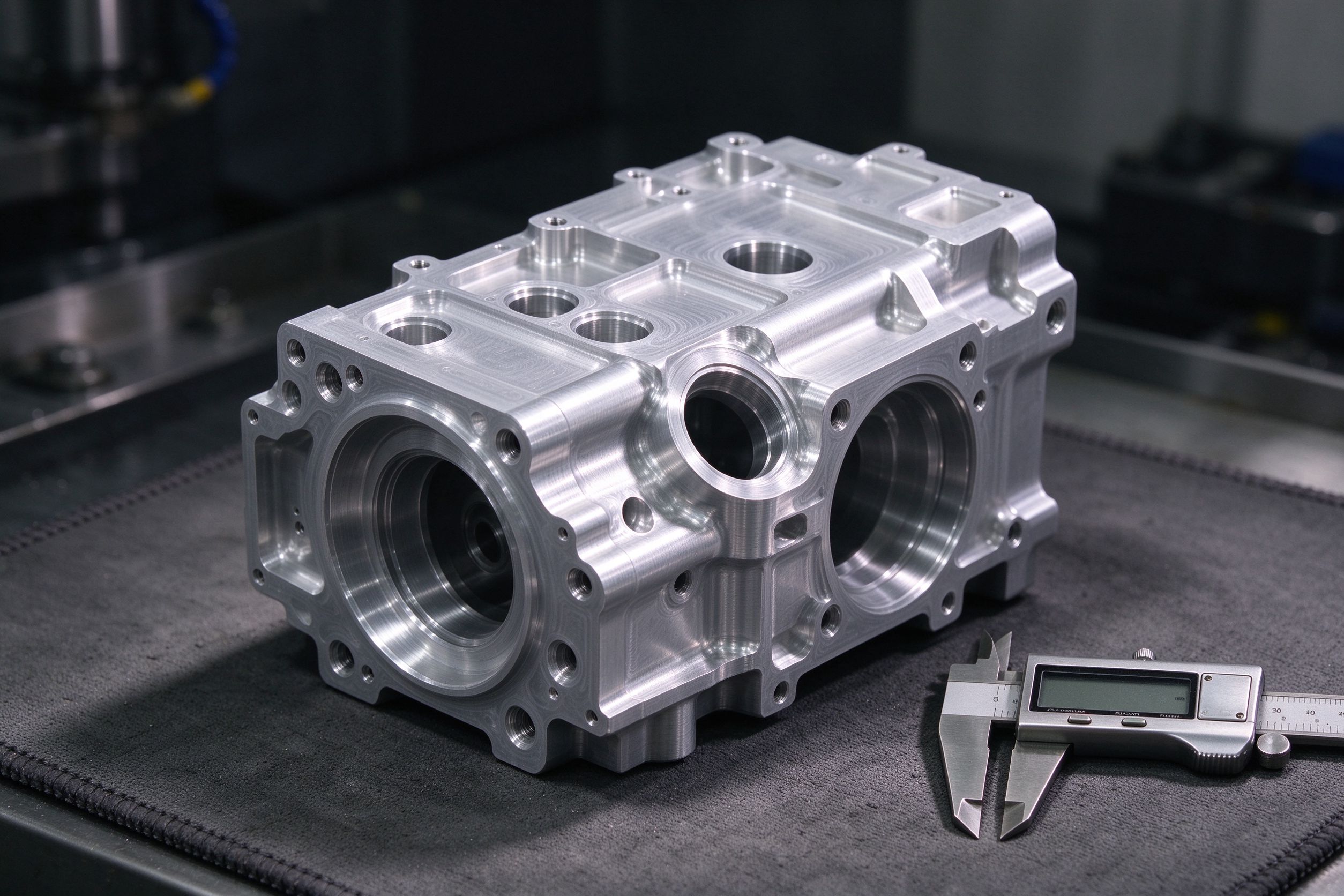 Featured 5-axis CNC machined aluminum 7075 housing prototype with caliper