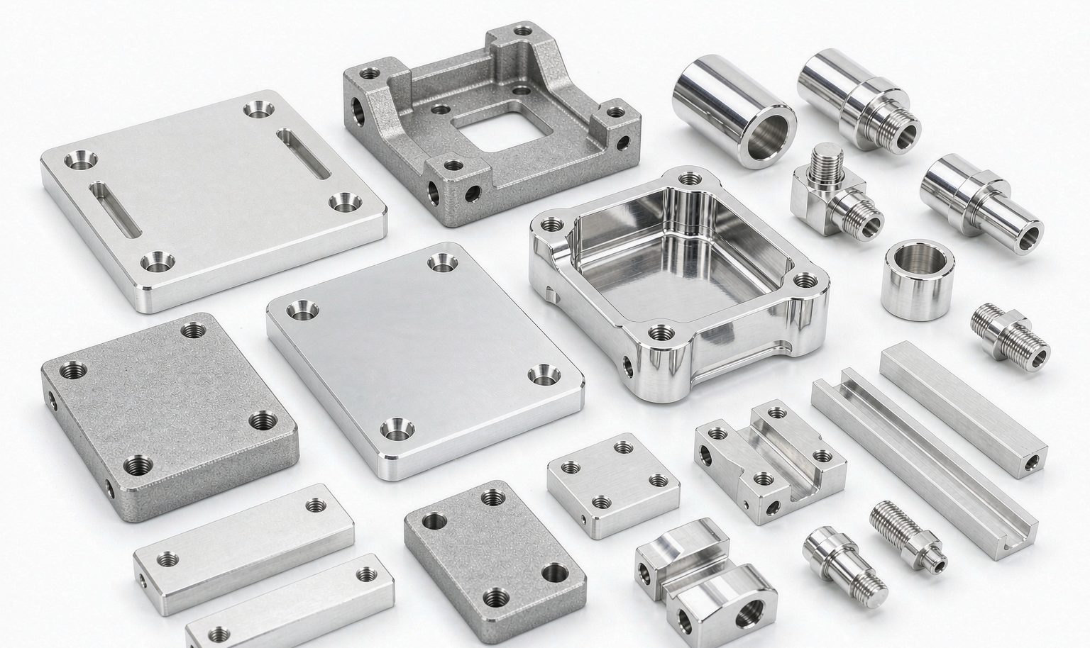 Group of machined aluminum, stainless steel and brass parts with different surface finishes