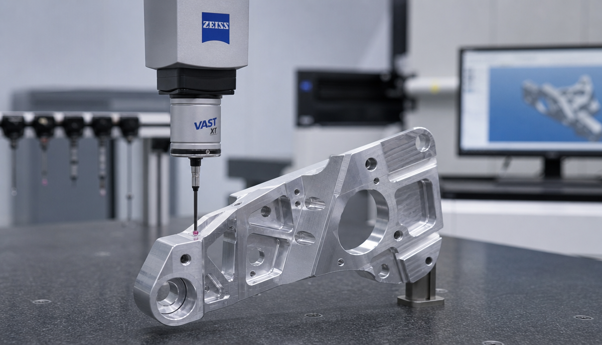 Zeiss CMM probe inspecting a CNC machined aerospace aluminum bracket