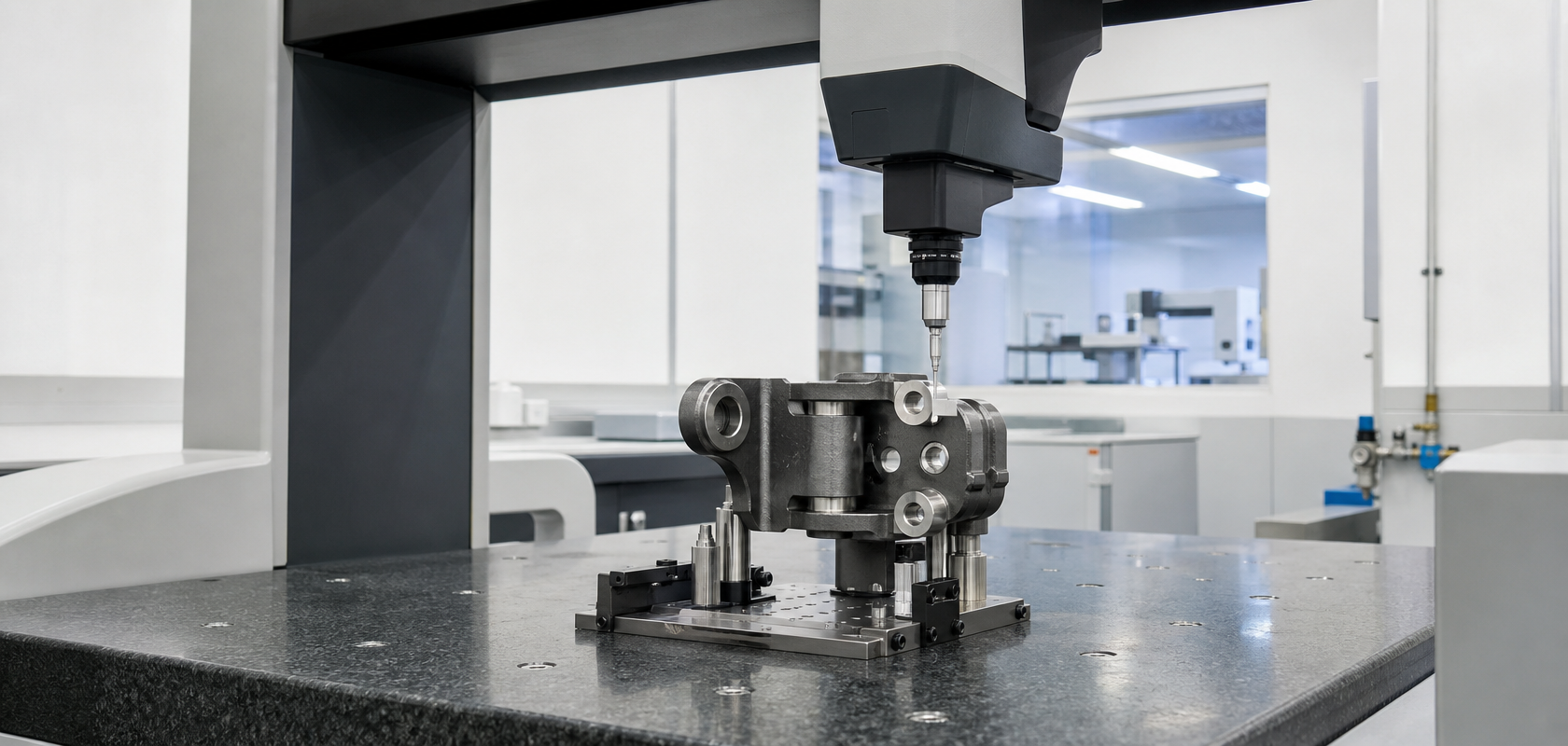 CMM dimensional inspection of automotive door hinge showing mounting hole position and pin bore measurement