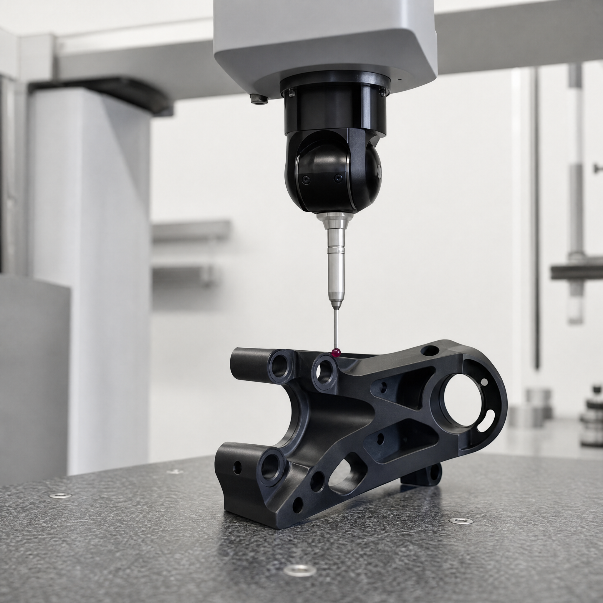 Zeiss CMM coordinate measuring machine probe inspecting hard anodized CNC aluminum aerospace bracket