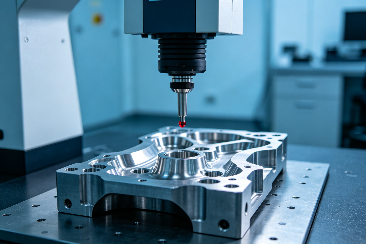 CMM ruby probe inspecting a complex contoured metal housing in a metrology lab