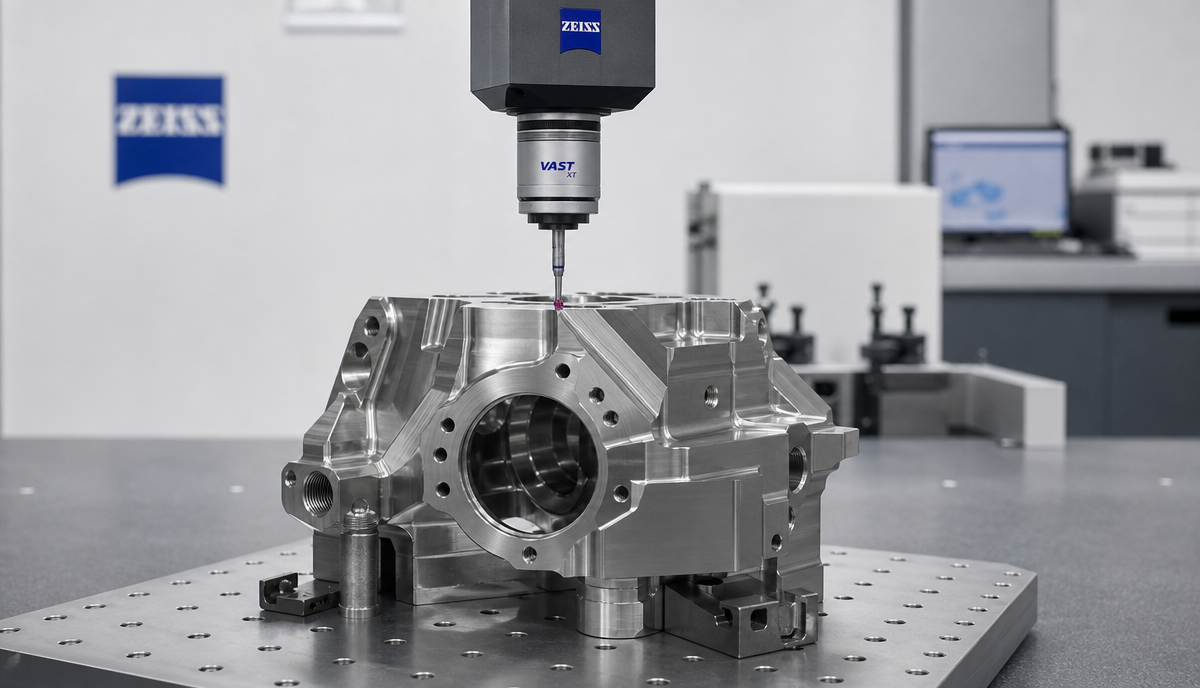 Zeiss CMM probe inspecting a 5-axis CNC machined stainless steel part