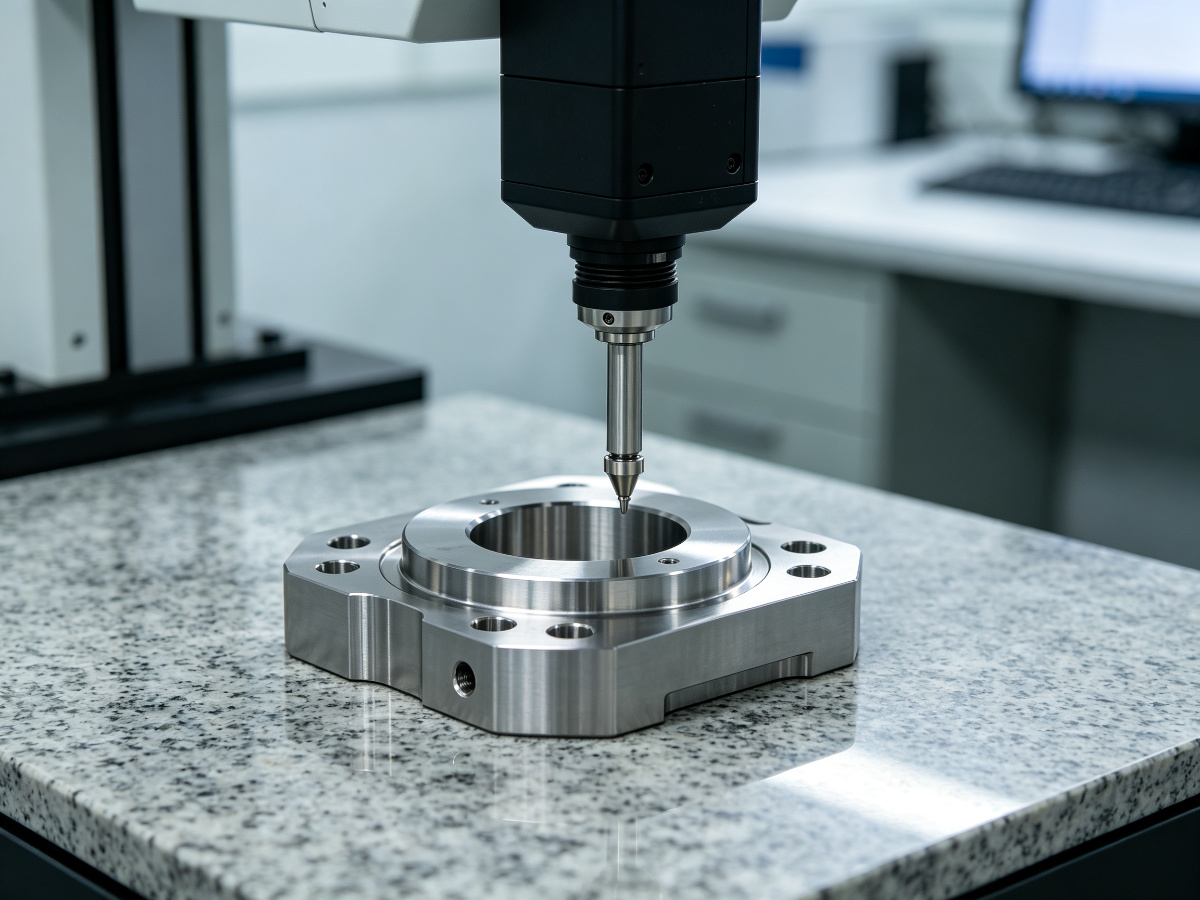 CMM probe inspecting a precision titanium CNC component