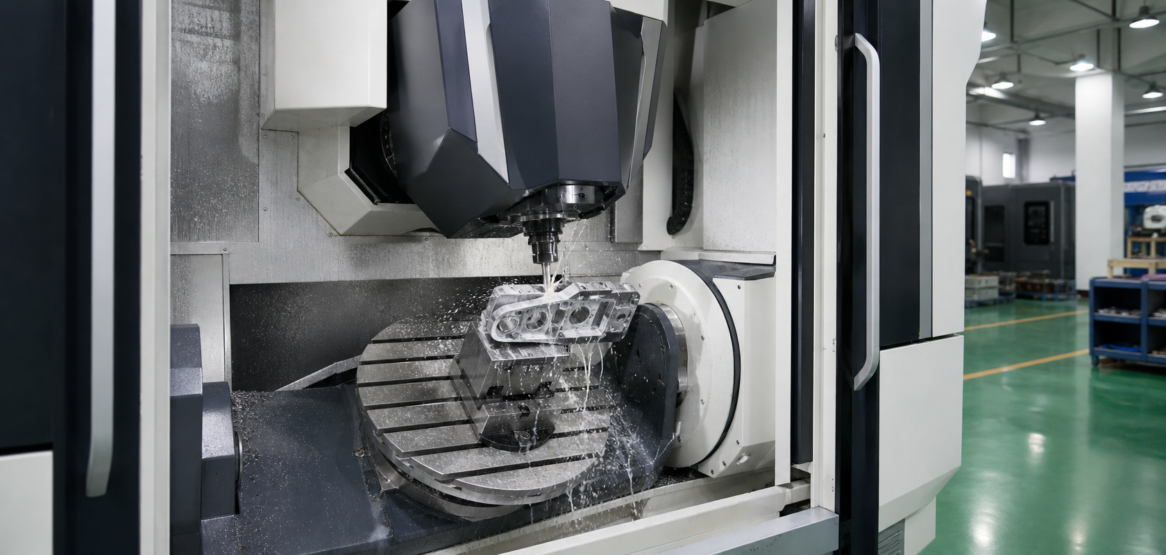 5-axis CNC machining center producing automotive door hinge body from billet material
