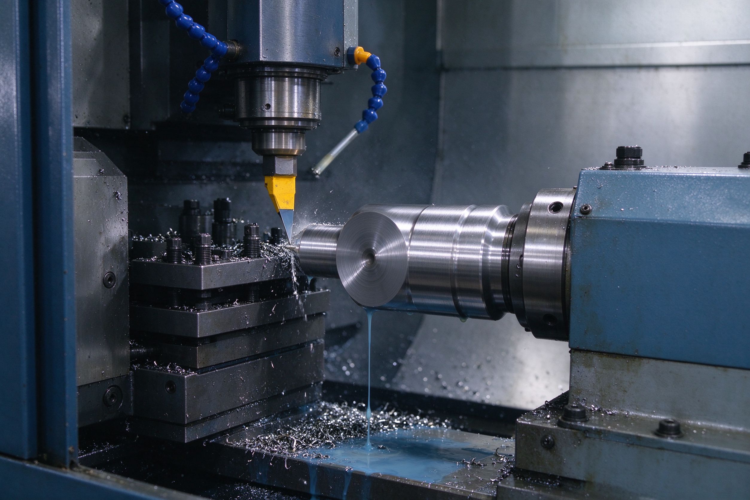 CNC turning lathe machining a cylindrical steel automotive shaft component