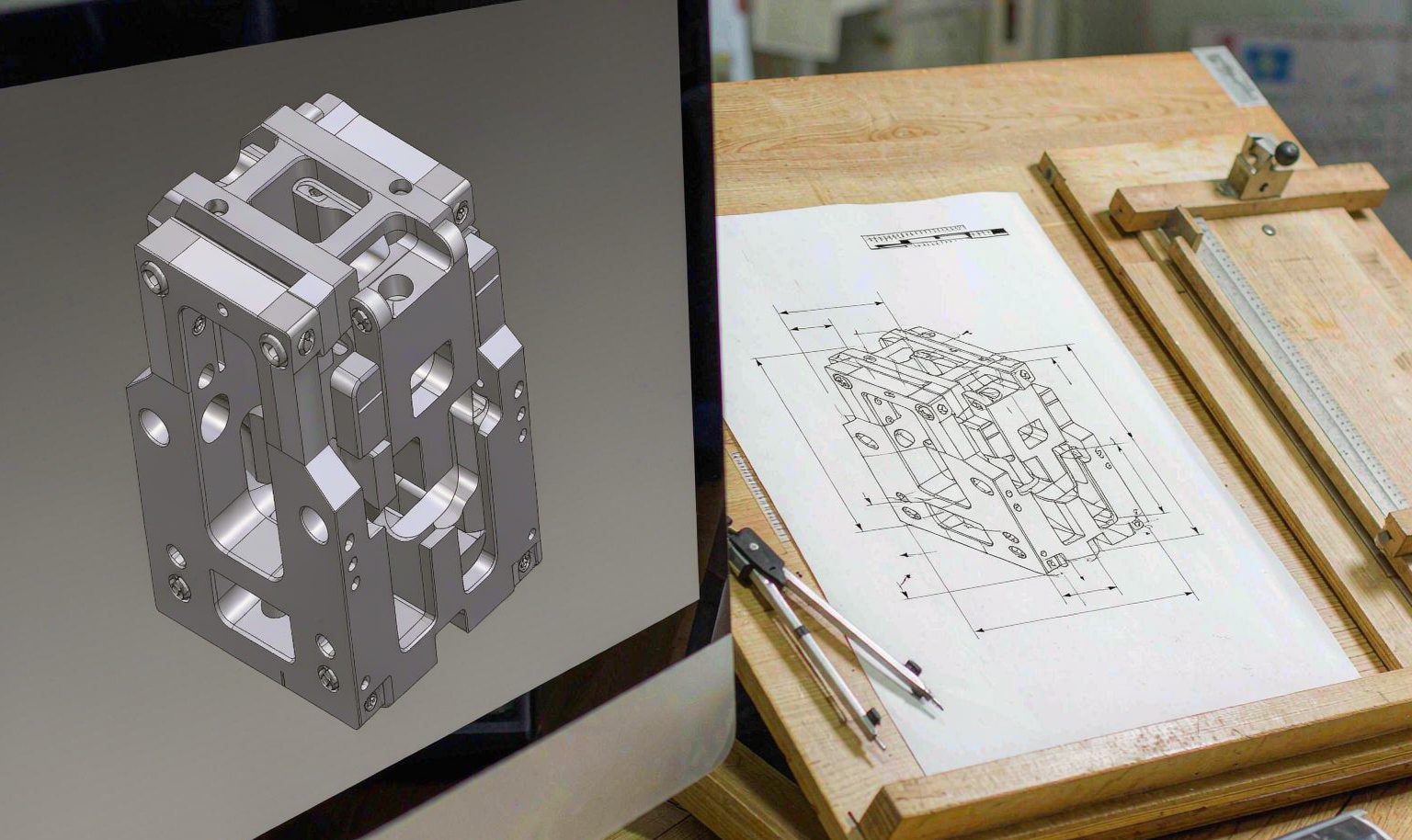 Computer monitor showing a 3D CAD model next to a printed 2D technical drawing with dimension lines