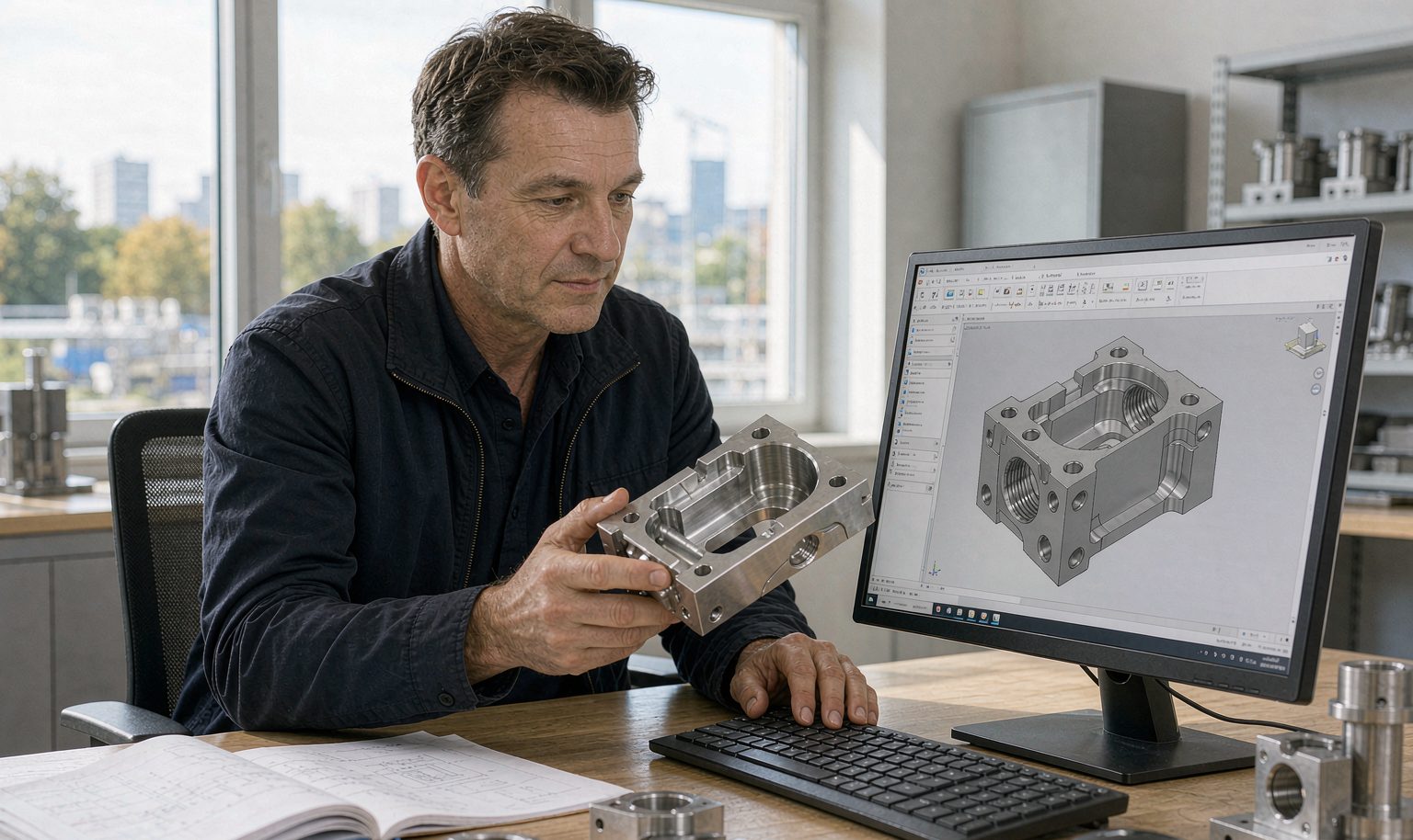 Engineer reviewing a CNC machined part against a CAD model on a computer screen in a manufacturing office