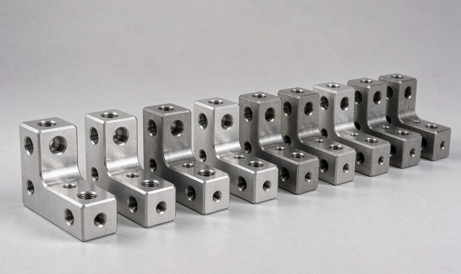 A row of identical CNC machined metal parts representing prototype to production batches