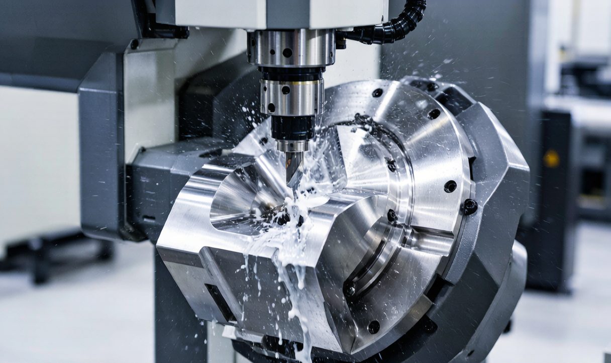 Five-axis CNC machining center cutting a metal part on a rotary table