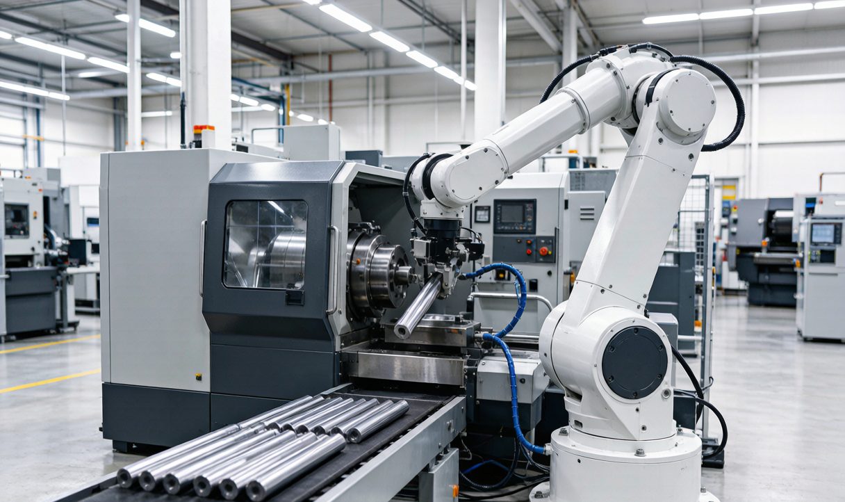 Robotic automation cell loading bars into a CNC lathe on a factory floor