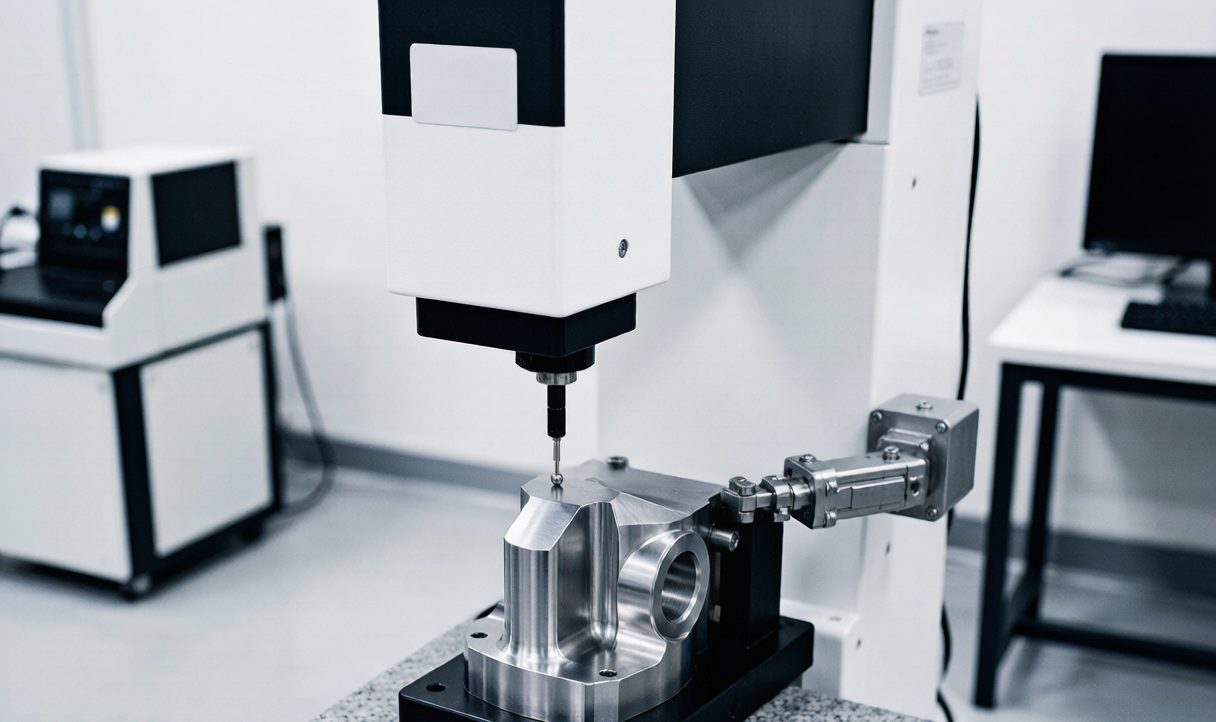 Coordinate measuring machine probing a metal part on a granite table in a metrology laboratory
