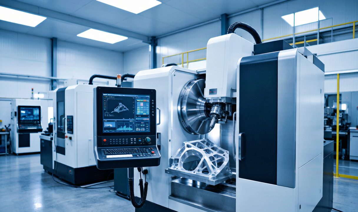 Five-axis CNC machining center operating in a modern precision manufacturing workshop
