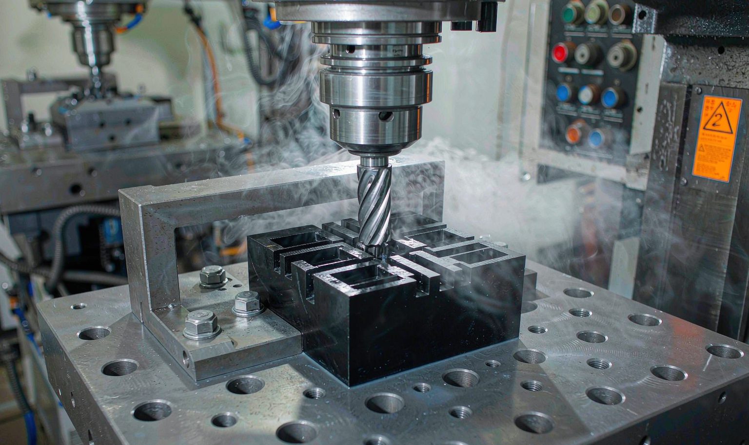 CNC milling machine machining a solid nylon workpiece with coolant