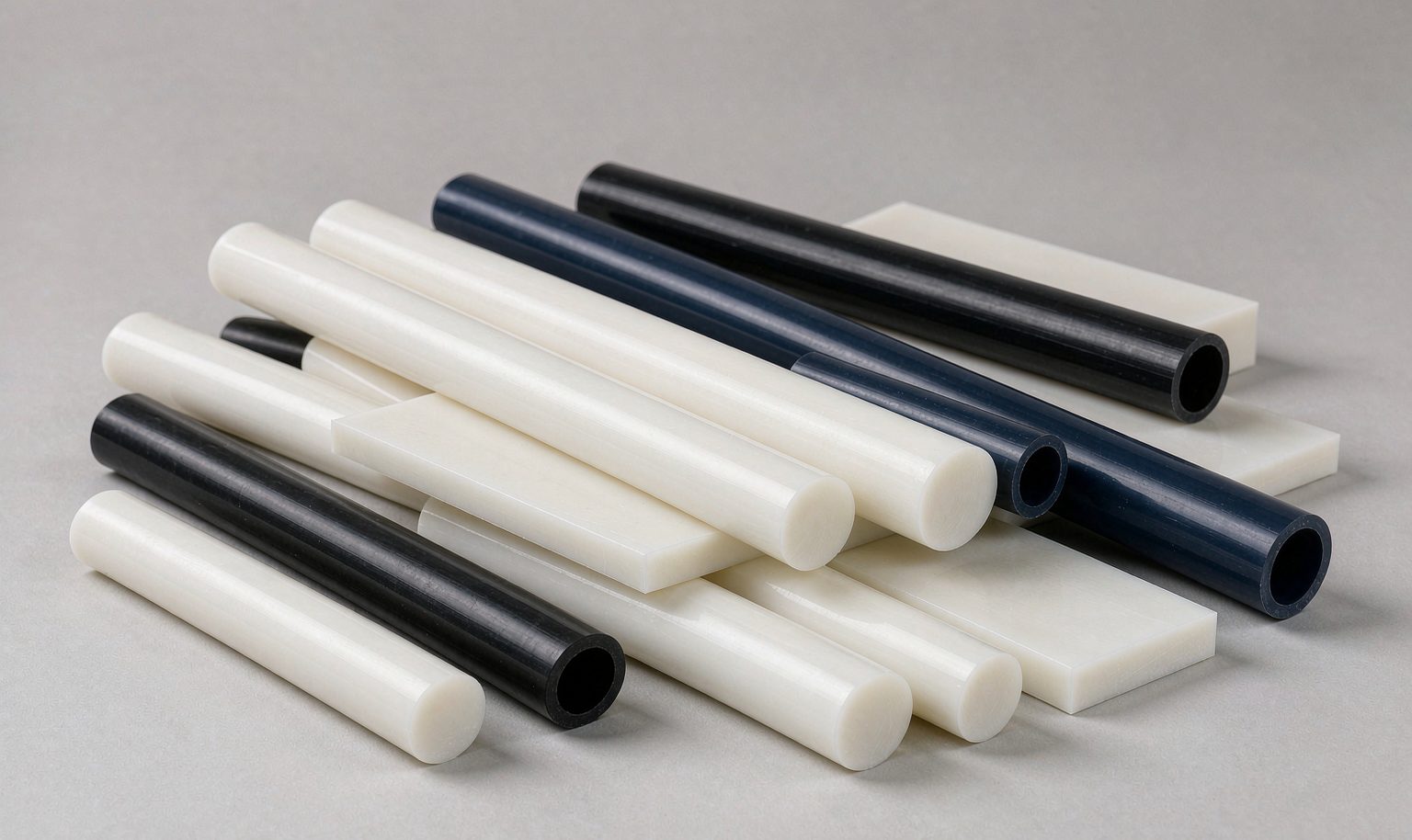 Extruded nylon stock shapes in several unfilled grades, including rod, plate and tube