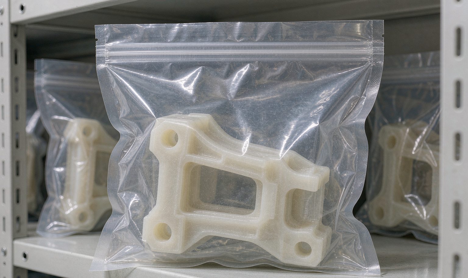 Nylon parts sealed in moisture-barrier packaging to hold inspected dimensions