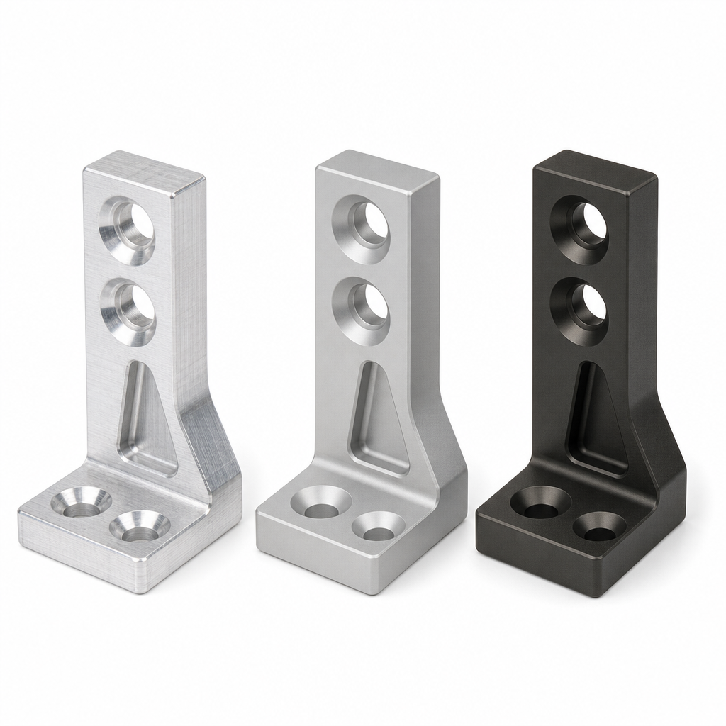Comparison: bare mill-finish aluminum vs Type II anodized vs Type III hard anodized CNC bracket