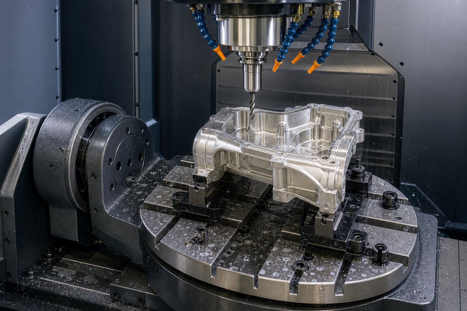 5-axis machining centre with a low-profile workholding fixture holding a complex aluminium housing on the trunnion table, coolant nozzles aimed at the cutting zone