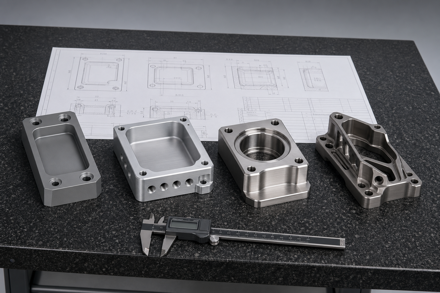 Four custom CNC machined metal parts of the same envelope but different manufacturing effort, with a 2D drawing and digital caliper on a granite surface plate