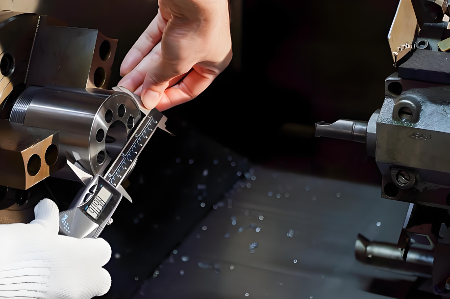 Engineer inspecting a machined metal cube part with a measuring gauge