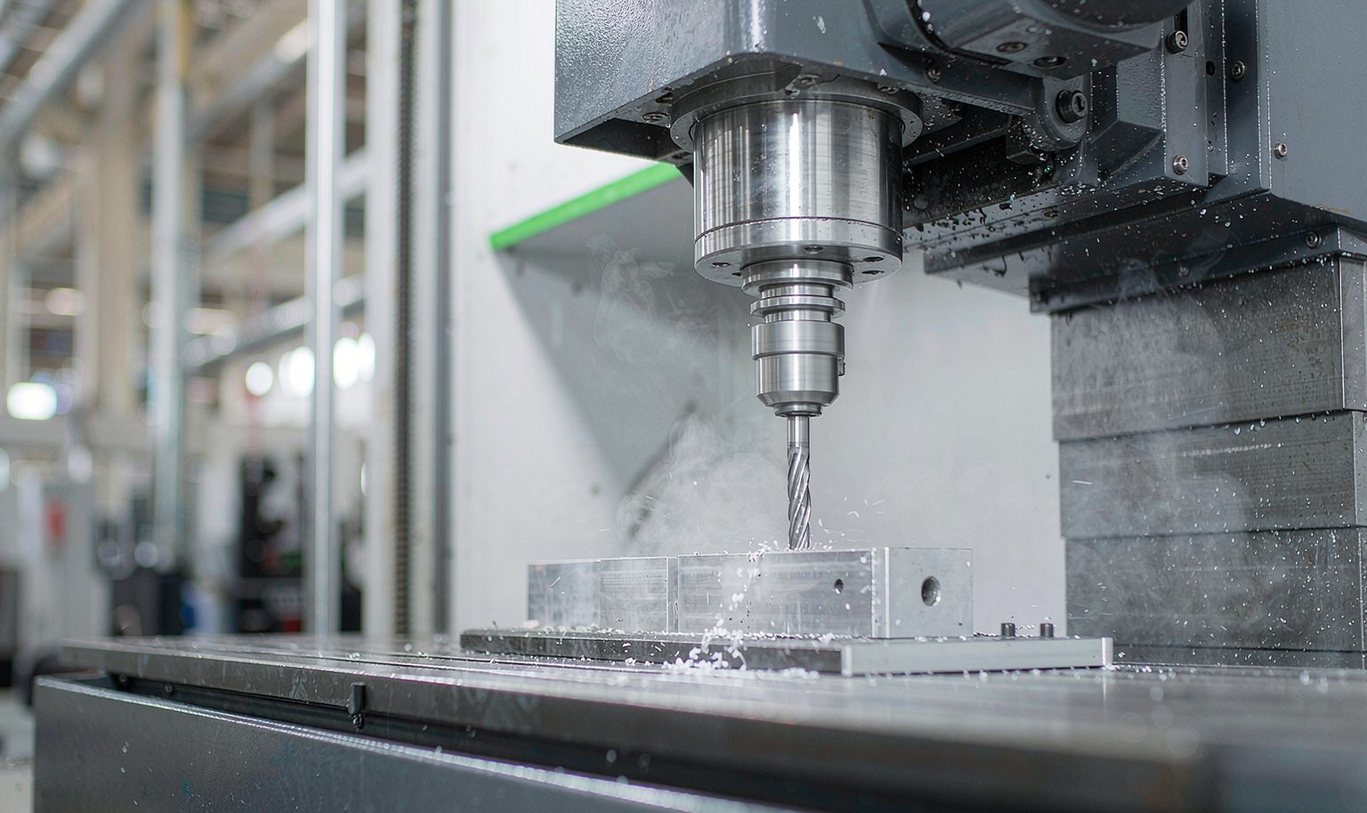 CNC vertical machining center with a carbide end mill cutting an aluminum block