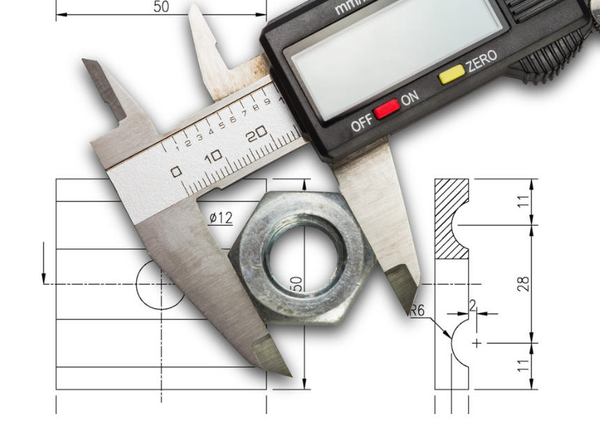 Aluminum high-pressure die cast housing component on an inspection bench with a digital caliper and technical drawing