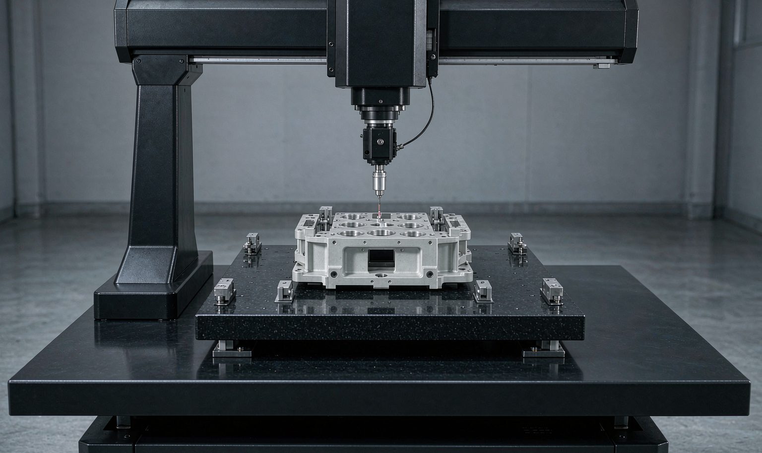 CMM coordinate measuring machine probe inspecting an aluminum die cast component on a granite table