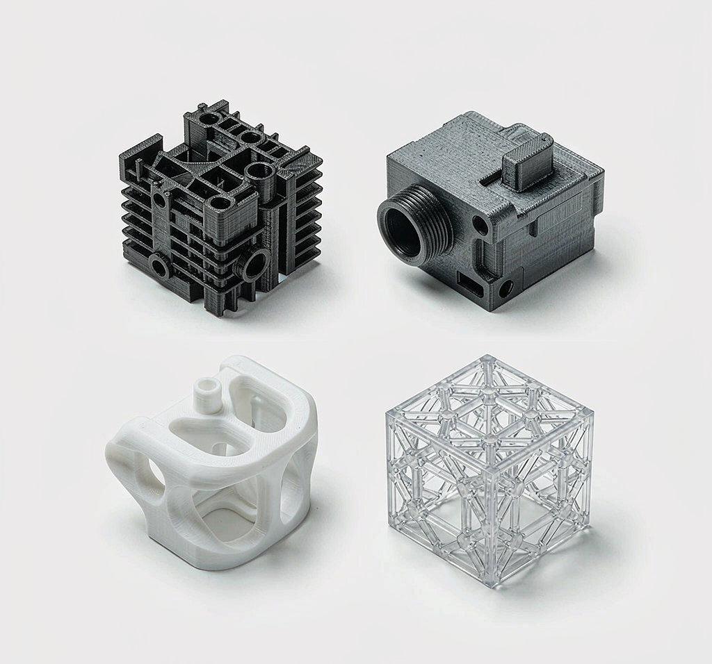 Flat-lay of 3D printed polymer sample parts produced by FDM, SLA, SLS and MJF